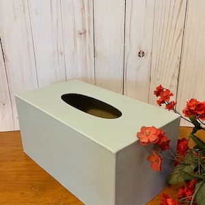 May include: A light blue tissue box cover made of wood. The box has a rectangular shape with a slot for tissues on the top. The box is sitting on a wooden surface.