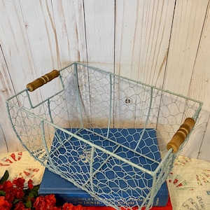 Puede incluir: Una cesta rectangular de alambre azul claro con diseño de malla de gallinero. La cesta tiene dos asas de madera y está sobre una pila de libros azules y rojos. El fondo es de madera clara.