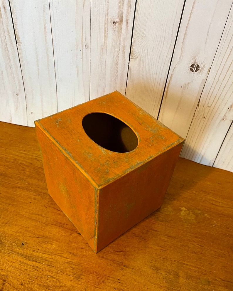 Burnt Orange Tissue Box Keenex Holder Square Tissue Box Holder Paper Mache Distressed Primitive bedroom dorm room bathroom image 2