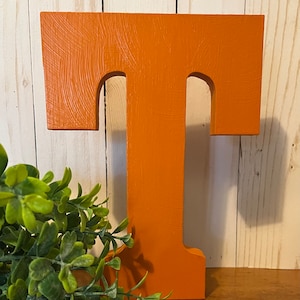 May include: Orange wooden letter T, painted with a textured finish. The letter is standing on a wooden surface.