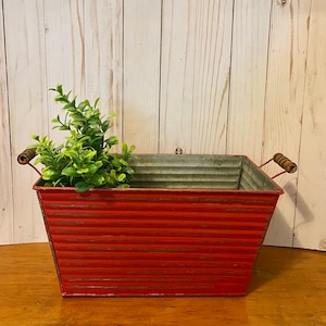 Vintage Inspired Rectangular Galvanized Bucket ~ Metal Planter in Fire Engine Red ~ Distressed Ribbed Bucket with Wooden Handles ~ Wire