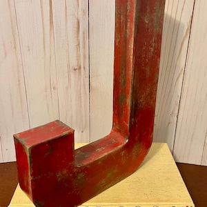 12 Inch Letter J in Fire Engine Red ~ Free Standing Paper Mache ~ Distressed Letter ~ Red J ~ Wooden Letter J ~ Farmhouse ~ Cottage Core