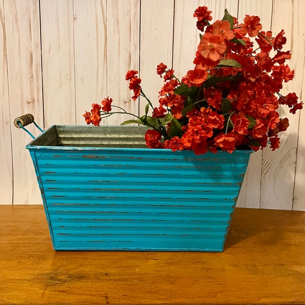 Vintage Inspired Metal Container ~ Metal Planter in Turquoise ~ Distressed Container with Wooden Handles ~ Rectangle Metal Planter ~ Pot