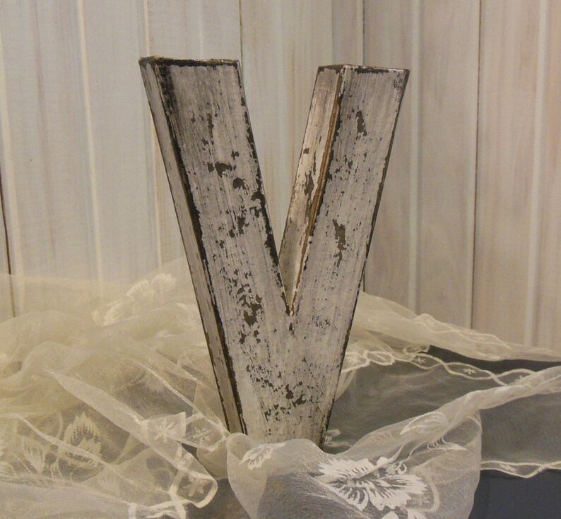 Letter V Eight Inches Tall Shabby Cottage Soft White and Distressed with Black Accents Paper Mache Nice Aged Look image 1