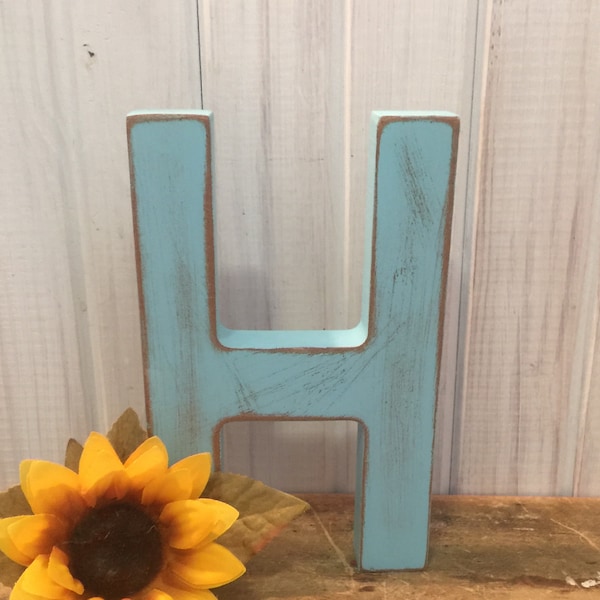 Wooden Letter H ~ H in Bird Egg Blue ~ Distressed Letter H ~ 8 Inch Letter ~ Block Letter ~ Cottage