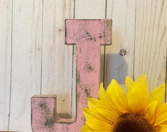 8 Inch Letter ~ Letter J in Baby Pink ~ Sturdy Paper Mache Letter ~ Wooden Letter ~ Distressed Letter J ~ Choose your Letter and Color