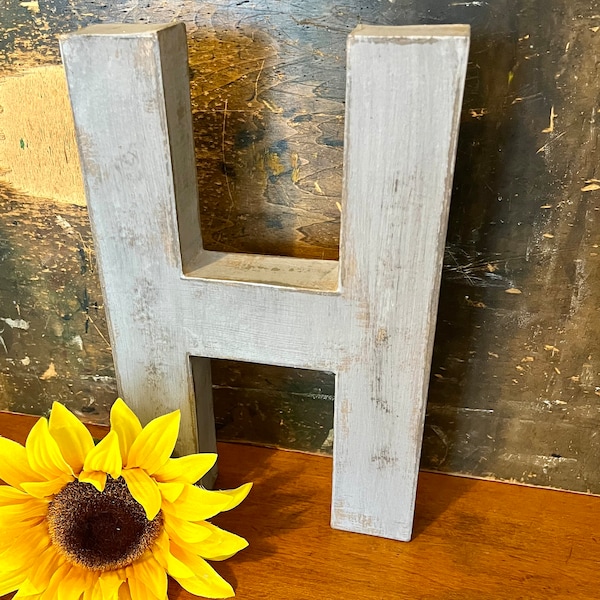 Letter H in Soft Grey ~ 12 Inches Tall Letter ~ Free Standing ~ Cottage Style ~ Paper Mache Letter ~ Grey Letter ~ Wooden Letters