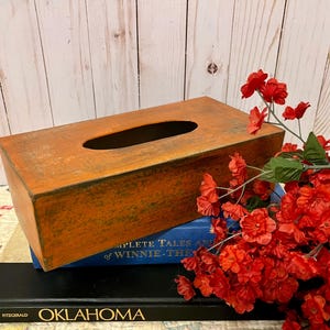 May include: An orange rectangular tissue box with a dark oval opening on top. The box sits on top of two books, one blue and one black, with red flowers in the background. The tissue box has a distressed finish.