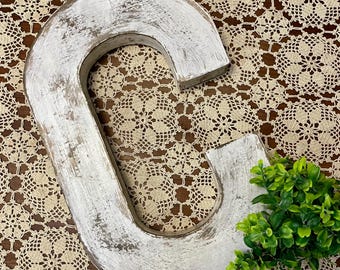 Letter C  in Soft White ~ 16 Inches Tall ~ Large Letter C ~ Cottage Decor ~ Distressed with Black Accents ~ Wall Mount of Free Standing