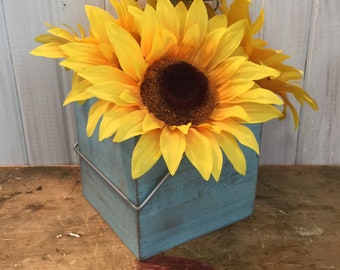 Vintage Inspired Wooden Bucket with Handle ~ Distressed Wooden Basket ~ Wooden Planter Box ~ Wooden Storage Box ~ Bird Egg Blue ~ Pick Color