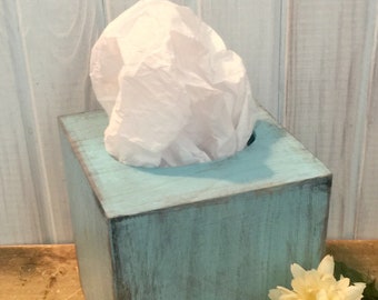 Wooden Tissue Box in Bird Egg Blue ~ Tissue Cover ~ Square Tissue Box Holder ~ Distressed ~ Cottage ~ Primitive~bedroom~dorm room~bathroom