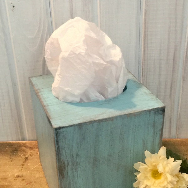 Wooden Tissue Box in Bird Egg Blue ~ Tissue Cover ~ Square Tissue Box Holder ~ Distressed ~ Cottage ~ Primitive~bedroom~dorm room~bathroom