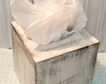 Wooden Tissue Box in Soft White ~ Tissue Box ~ Square Tissue Box Holder ~ Distressed ~ Cottage ~ Primitive ~ bedroom ~ dorm room~bathroom