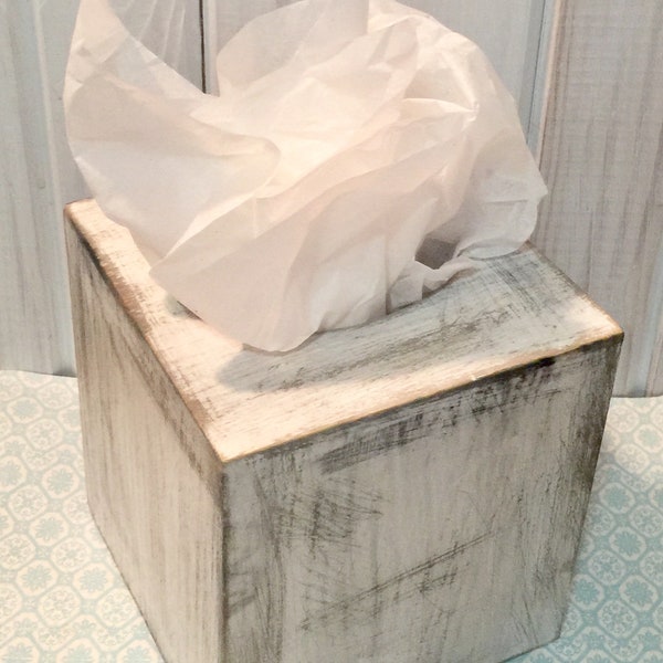 Wooden Tissue Box in Soft White ~ Tissue Box ~ Square Tissue Box Holder ~ Distressed ~ Cottage ~ Primitive ~ bedroom ~ dorm room~bathroom