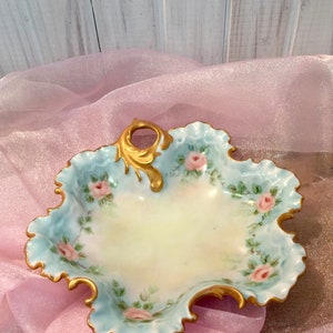 Vintage Hand Painted Candy Dish with Handle ~ Painted Bon-Bon Dish ~ Trinket Dish ~ Floral Painting ~ Gold Rimmed Ceramic Dish ~ Elegant