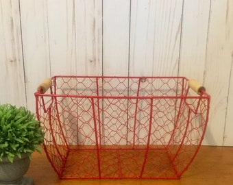 Vintage Inspired Wire Basket in Glossy Fire Engine Red~ Wire Basket with Wooden Handles ~ Egg Basket ~ Kitchen Storage  Basket~ Bath Storage