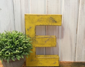 8 Inch Letter ~ Letter E in Mustard Yellow ~ Sturdy Paper Mache Letter ~ Wooden Letter ~ Distressed Letter E ~ Choose your Letter and Color