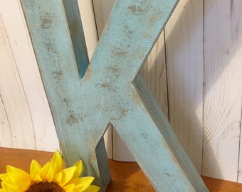 Letter K ~ 16 Inches Tall ~ Bird Egg Blue ~ Cottage Decor ~~  Distressed with Black Accents ~~ Sturdy Paper Mache ~ Large Letter