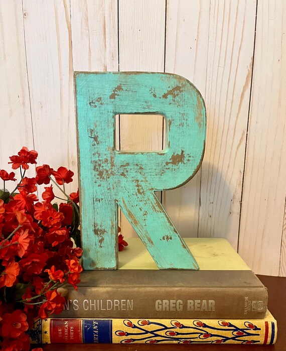 Eight Inch Letter R in Bird Egg Blue ~ Distressed Letter R ~Primitive and Cottage Chic ~ Sturdy Paper Mache ~ Choose Your Color ~ Numbers