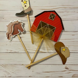 Horse and Pony Cake Topper ~ Cowboy and Cowgirl Cake Topper ~ Western Birthday Party ~ Wooden Toppers ~ Set of Four ~ Barn and Horse