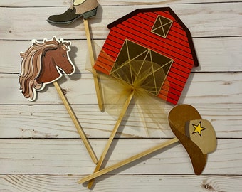 Horse and Pony Cake Topper ~ Cowboy and Cowgirl Cake Topper ~ Western Birthday Party ~ Wooden Toppers ~ Set of Four ~ Barn and Horse