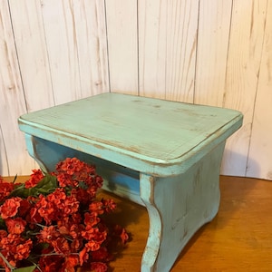 Distressed Wooden Stool in Bird Egg Blue ~ Choose your Color ~ Cottage Step Stool ~ Vintage Inspired Wooden Stool ~ Shabby Plant Stand