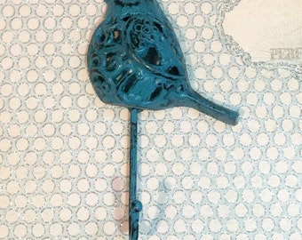 Cast Iron Wall Hanger in Distressed Turquoise ~ Wall Hook ~ wall mount hanger ~ Cast Iron Bird ~ vintage look ~ very sturdy