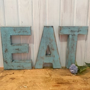 Vintage Inspired Letters ~ EAT in Bird Egg Blue ~ Choose Your Word ~ Cottage and Distressed ~ with Black Accents ~ 8" Sturdy Paper Mache