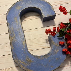 Large Letter C ~ 16 Inches Tall ~ Cornflower Blue ~ Cottage Decor ~ Distressed with Black Accents ~ wall-mount letter ~ free-standing letter