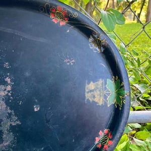 Vintage Iron Serving Tray ~ Black Metal Serving Tray ~ Hand Painted Flowers ~ Distressed Serving Tray ~ Large Oval Serving Tray ~ Wall Decor
