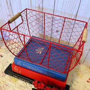 Vintage Inspired Wire Basket in Glossy Fire Engine Red~ Wire Basket with Wooden Handles ~ Egg Basket ~ Kitchen Storage  Basket~ Bath Storage