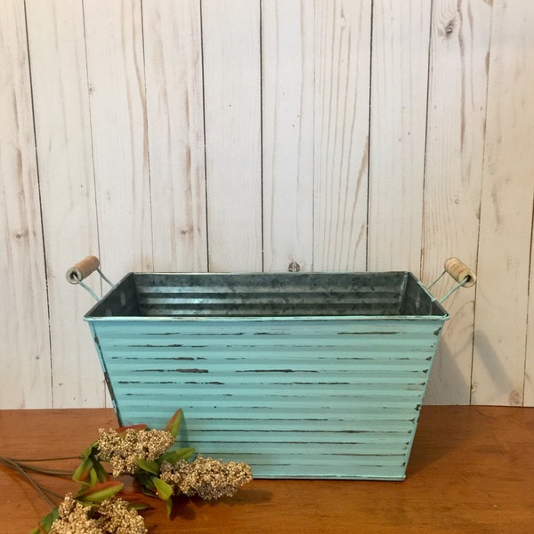 Vintage Inspired Rectangular Galvanized Bucket ~ Metal Container in Bird Egg Blue ~ Distressed Ribbed Bucket with Wooden Handles