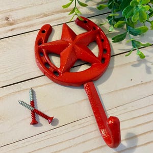 Horseshoe and Star Wall Hook ~ Fire Engine Red Wall Hook with Screws ~ Pick your color ~ Western Wall Hook ~ Choose your color and finish
