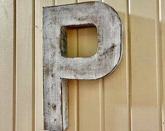 12 Inch Letter P in Soft White ~ Twelve Inches Tall Wall Mount ~ Paper Mache ~ Distressed with Black Accents ~ Free-Standing Available