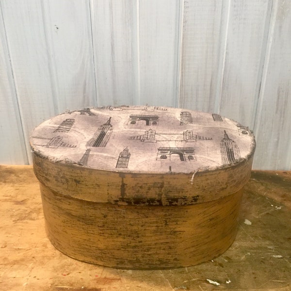 Distressed Golden Pantry Box ~ Gold with Aging ~ Oval Pantry Box ~ Primitive Style Pantry Box ~ Fabric Lid ~ Aged Gold Pantry Box ~ Storage