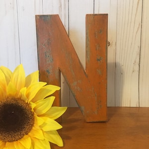 Letter N in Burnt Orange ~ 8 Inch letter N ~ Painted Distressed ~ with Black Accents ~ Cottage ~ Sturdy Paper Mache ~ Wooden Letter