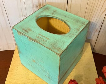 Wooden Tissue Box in Bird Egg Blue ~ Tissue Cover ~ Square Tissue Box Holder ~ Distressed ~ Cottage ~ Primitive~bedroom~dorm room~bathroom