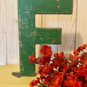 8 Inch Letter F ~ Distressed letter in Real Green ~ Cottage Decor ~ Sturdy Paper Mache ~ Free Standing Letter ~ Wooden Letter ~ Green Letter