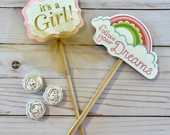 It's a Girl Cake Topper with Colorful Rainbow ~ Baby Girl Cake Topper ~ Baby Shower Decor ~ Baby Reveal  ~ Wooden Cake Topper ~ Pink Topper