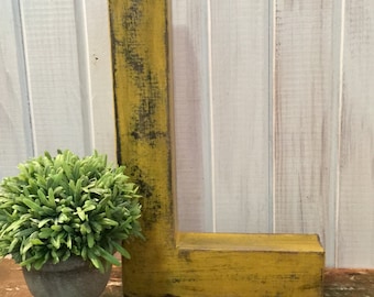 Letter L in Mustard Yellow~ Twelve Inches Tall Free Standing Paper Mache~ Distressed~ Wall Mount Letter~ Wooden Letter~ Pick your letter