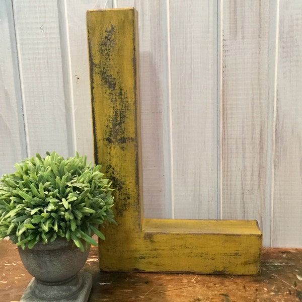 Letter L in Mustard Yellow~ Twelve Inches Tall Free Standing Paper Mache~ Distressed~ Wall Mount Letter~ Wooden Letter~ Pick your letter