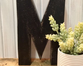 Letter M in Soft Black ~ Twelve Inches Tall Free Standing Paper Mache ~ Distressed ~ Cottage ~ Vintage Inspired ~ Black Accents