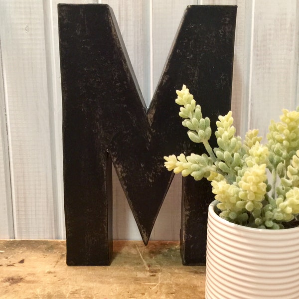 Letter M in Soft Black ~ Twelve Inches Tall Free Standing Paper Mache ~ Distressed ~ Cottage ~ Vintage Inspired ~ Black Accents