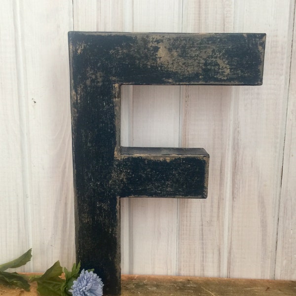 Letter F in Soft Black ~ Twelve Inches Tall Free Standing Paper Mache ~ Distressed ~ Cottage ~ Vintage Inspired ~ Black Accents