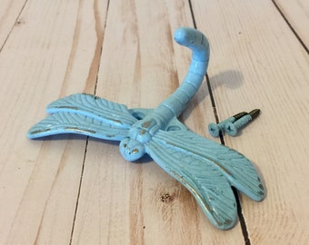 Dragonfly Wall Hook in Bird Egg Blue ~ Metal Dragonfly Wall Hook ~ Three Inches Tall ~ Hook with Screws ~ Distressed Metal ~ Pick your color