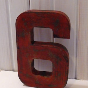 8 Inch Number Six in Fire Engine Red ~ Heavy Paper Mache ~ Free Standing ~ Distressed  Cottage ~ Birthday Party ~ Letters ~ Wood Number