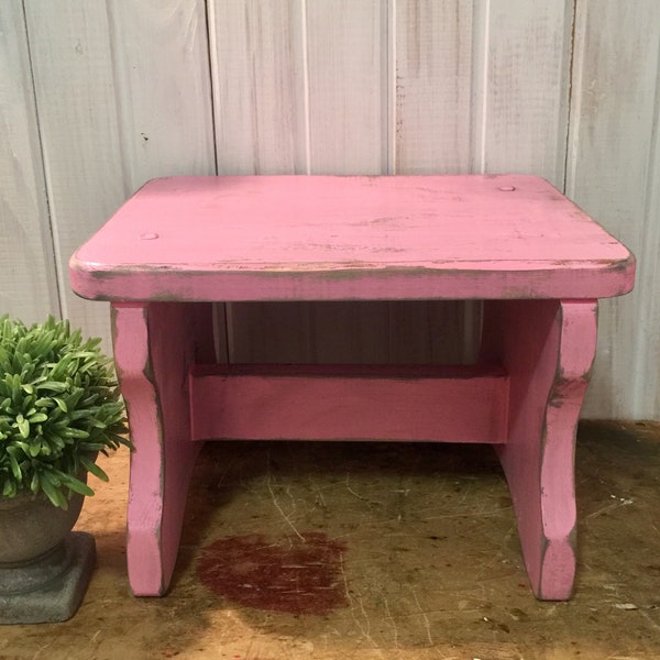 Distressed Wooden Stool in Baby Pink ~ Choose your Color ~ Cottage Step Stool ~ Vintage Inspired Wooden Stool ~ Shabby Plant Stand