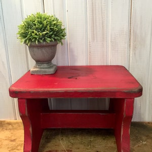 Distressed Wooden Stool in Fire Engine Red ~ Choose your Color ~ Cottage Step Stool ~ Vintage Inspired Wooden Stool ~ Shabby Plant Stand