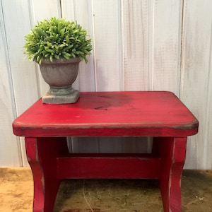 Distressed Wooden Stool in Fire Engine Red ~ Choose your Color ~ Cottage Step Stool ~ Vintage Inspired Wooden Stool ~ Shabby Plant Stand