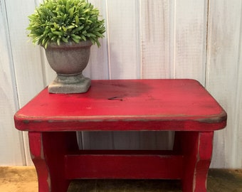 Distressed Wooden Stool in Fire Engine Red ~ Choose your Color ~ Cottage Step Stool ~ Vintage Inspired Wooden Stool ~ Shabby Plant Stand